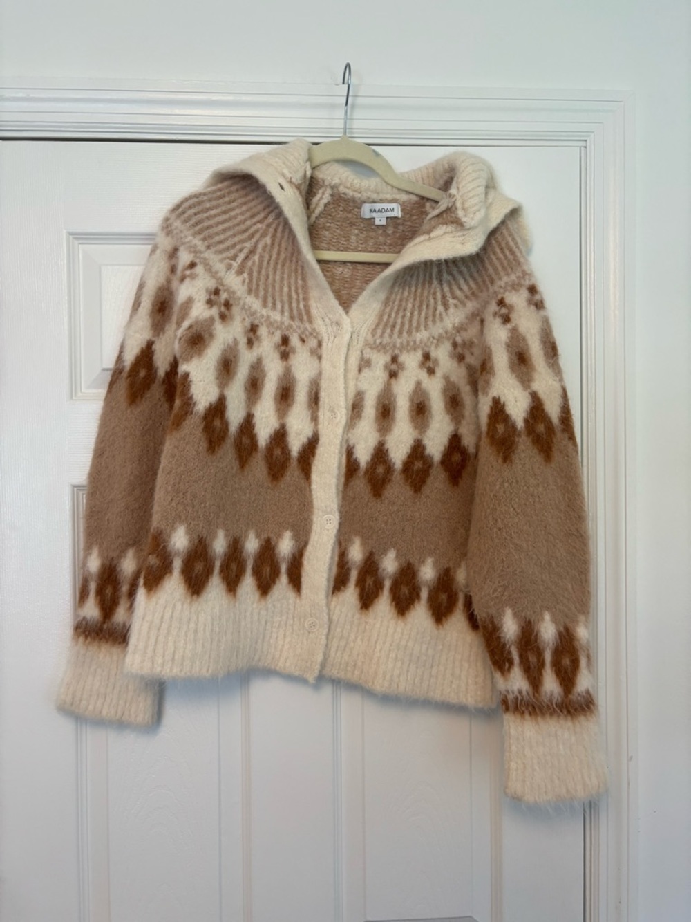 Naadam Italian Luxe Brushed Fair Isle Alpaca Wool Cardigan Small Camel Ivory